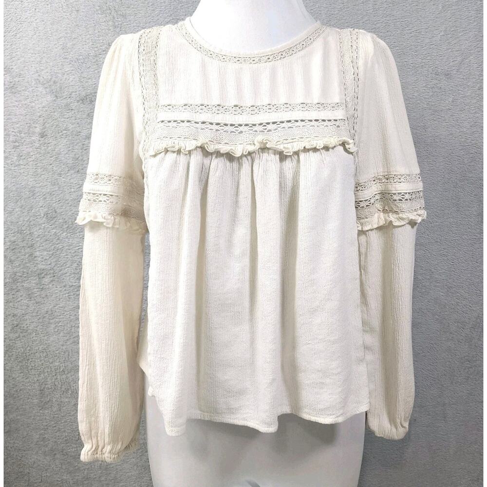 American Eagle High Neck Lace Babydoll Top Boho Peasant Shirt Womens Size Small